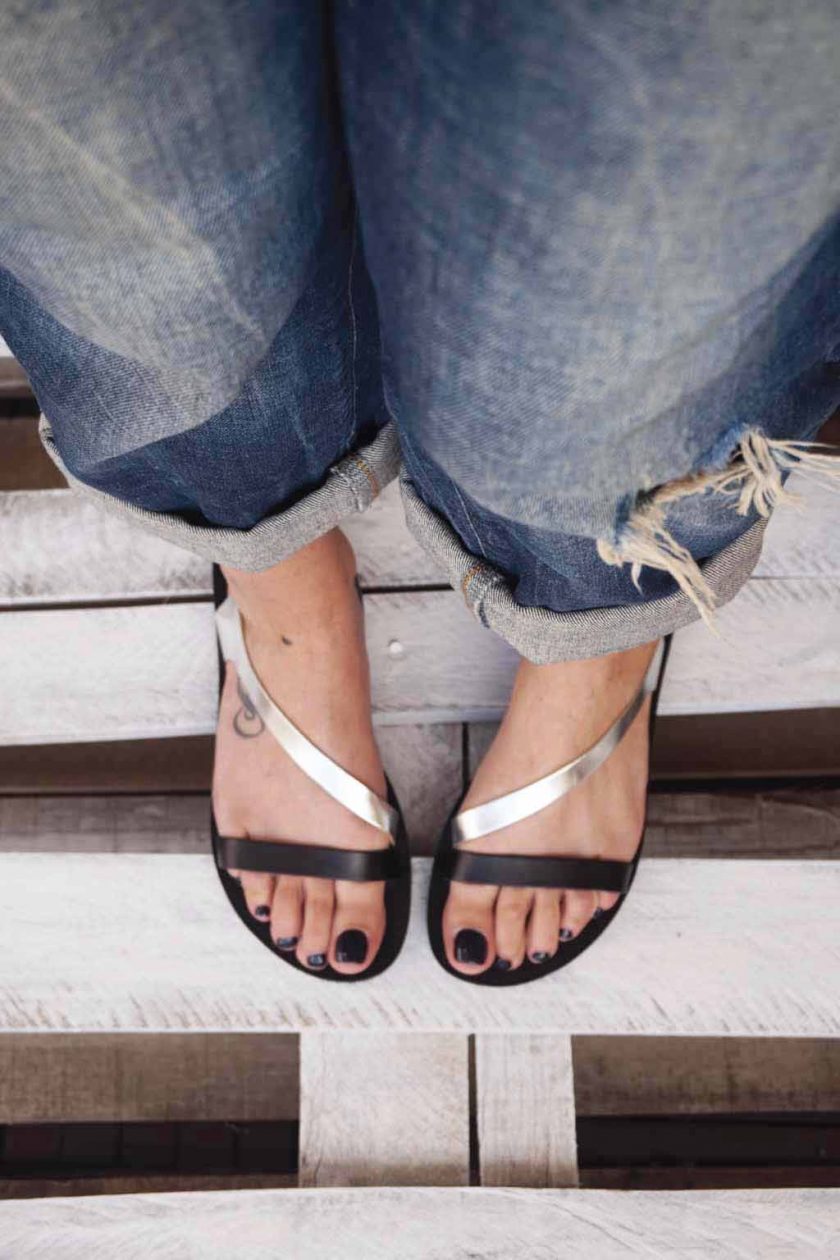 Sandale dama piele naturala FUNKY STRIPES, negru - argintiu