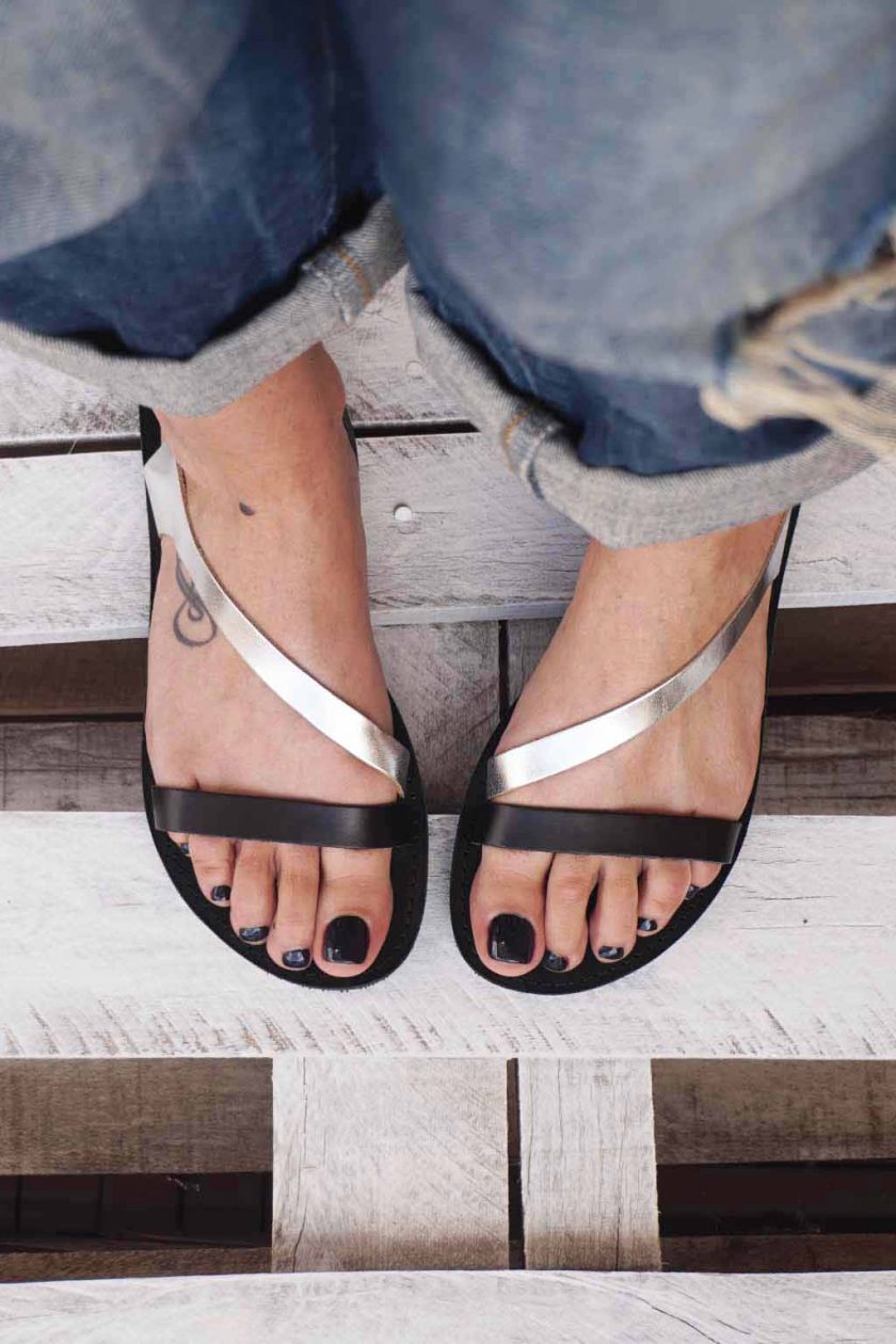 Sandale dama piele naturala FUNKY STRIPES, negru - argintiu
